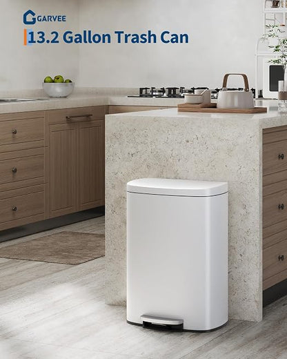 Garvee 13 gal (50 L) and 2.6 gal (10 L) Metal Trash Can Combo Set, Rustproof Garbage Can with Lid, Step-on Trash Bin with Inner Bucket, Rear Handle, White