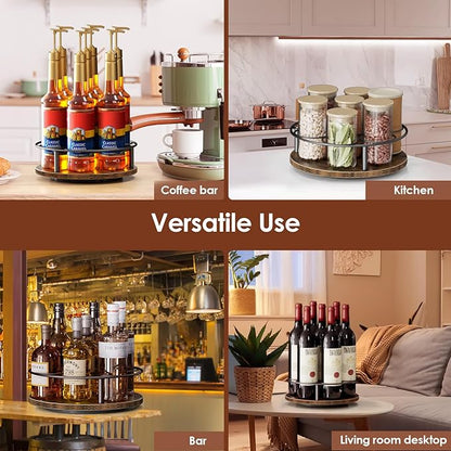 Nuovoware 7 Bottles Rotating Coffee Syrup Rack, Coffee Syrup Rack Organizer Carbon Steel Frame with Wooden Base Bottle Holder for Coffee Flavored Syrups Table Top Thermos Liquor, Black & Brown