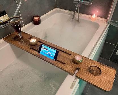 Handmade Wooden Bathtub Tray - 3 Different Size Options - Rustic Structure - Water Insulator - Bath Tray Caddy with Wine Glass Holder (36", BLACK BROWN)