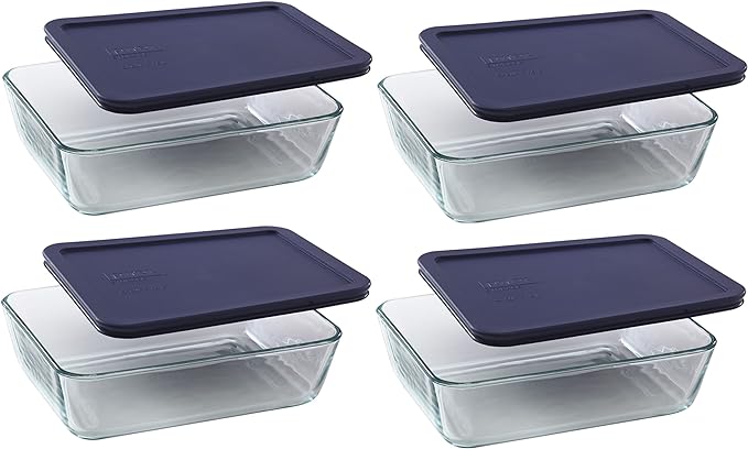 Pyrex 7211 6-Cup Glass Dish & 7211-PC Dark Blue Lid (4-Pack) - Made in USA