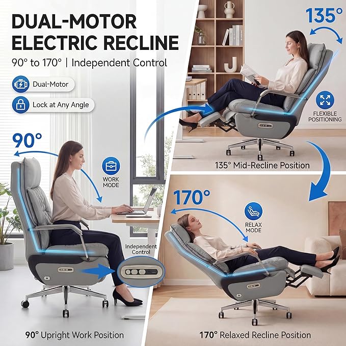 Dual Motor Executive Home Reclining Office Chair with Footrest - One-Click Electric Recline with Massage & Pillow Support Big and Tall PU Leather Ergonomic Desk Chair, High Back Wide Seat (Gray)