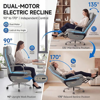 Dual Motor Executive Home Reclining Office Chair with Footrest - One-Click Electric Recline with Massage & Pillow Support Big and Tall PU Leather Ergonomic Desk Chair, High Back Wide Seat (Gray)