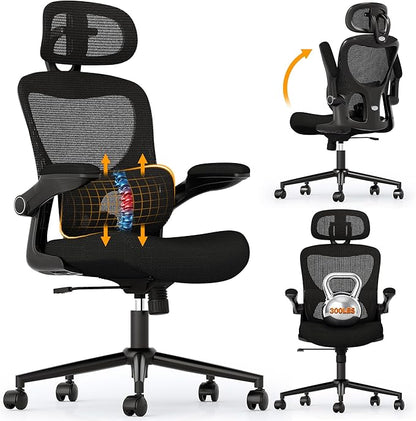 SUNNOW Ergonomic Office Chair, Comfy Mesh Desk Chair, High Back Computer Gaming Chairs with Adjustable Lumbar Support, Flip-Up Arms, Headrest, Tilt Function, Wide Cushion, Swivel Wheel, BIFMA Quality