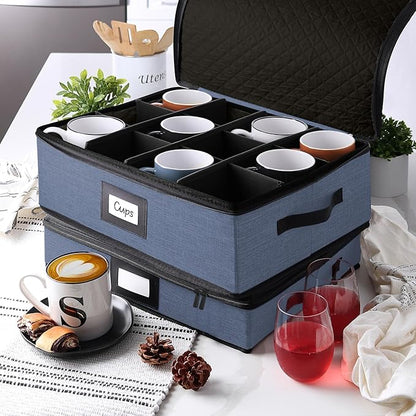 Hearth & Harbor Coffee Mug Storage, Quilted and Stackable Coffee Cup Storage Organizer for Service of 12, Mug Storage Box with Dividers, China Containers Hard Shell for Moving and Organization, Blue