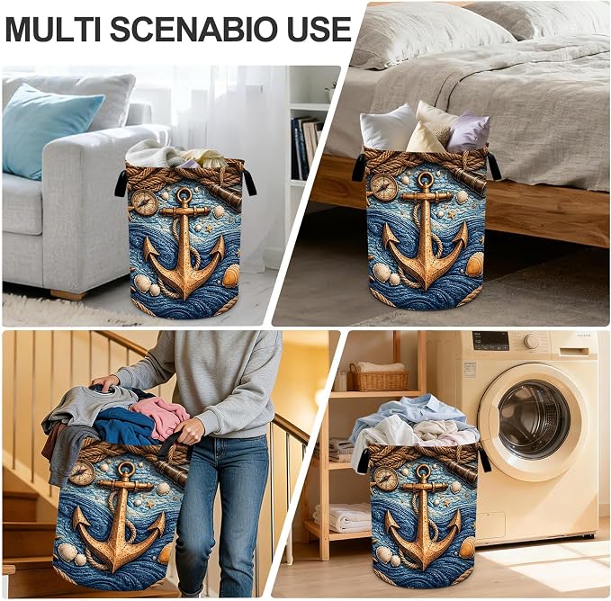 Nautical Laundry Basket Waterproof Laundry Hamper Foldable Laundry Bag with Handles for Bedroom, Bathroom, Office, Clothes Storage