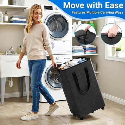 Laundry Basket with 5 Wheels, Tall Dirty Laundry Hamper, Rolling Laundry Basket with Lid, Large 100L Collapsible Clothes Hamper for Laundry Room Bedroom Bathroom Dorm, Deep Gray
