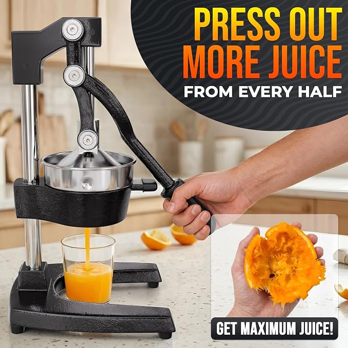 Cast Iron Juicer Hand Press, Heavy-Duty Squeezer – One Pull Extracts Full Juice with No Electricity – Manual Citrus Press Juicer & Orange Squeezer for Lemon, Lime, and Lemonade at Home or Bar (Black)
