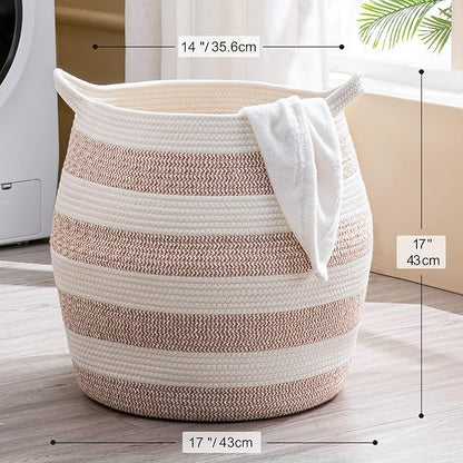 KAKAMAY Woven Baskets for Storage(17"x17"),Large Cotton Rope Woven Baby Laundry Hamper,Collapsible Laundry Basket, Blanket Basket for Organizing Living Room,Nursery,Pillows,Toy Chest(Rose)