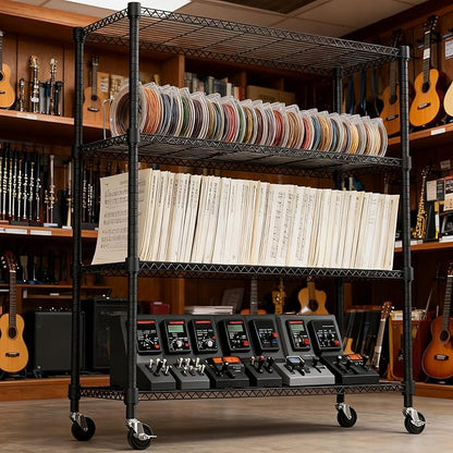 M MZG 1400LBS 47.2" W 4 Tiers Storage Shelves Metal Shelving Unit with Wheels Heavy Duty Garage Shelving Adjustable Wire Shelves for Pantry,Kitchen,Garage,Basement,Black 17.7" D x 47.2" W x 62.7" H