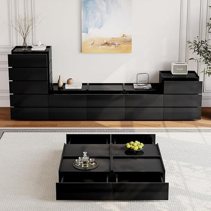 Coffee Table with Storage,Modern Center Table with 4 Hidden Drawers for Living Room,Rectangle Coffee Table for Home Furniture,Bedroom,Black