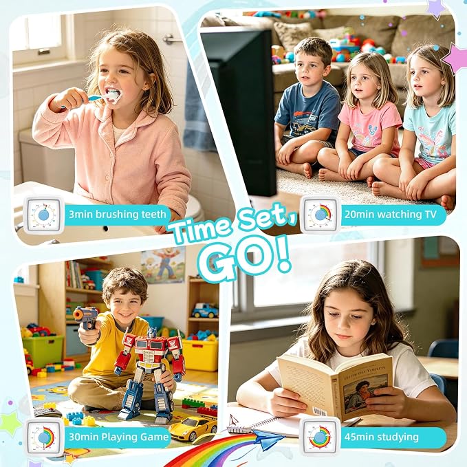 Visual Timer for Kids, 60-Minute Silent Countdown Timer with Rainbow Design, Cube Time Management Tool Timers for Classroom Cooking Homework ADHD, No Loud Ticking Kids Visual Timer,White Blue