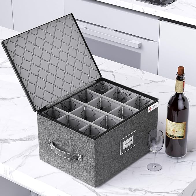 YearningHome 2 Pack Wine Glass Storage Box with Dividers,Stemware Storage Cases with Sturdy Handle and Hard Shell for Glassware Crystal Storage,Transport and Moving,Holds 12,Grey