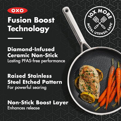 OXO Hybrid 10” Nonstick Stainless Steel Frying Pan, Durable PFAS-Free Ceramic Skillet, Stay-Cool Handle, Induction & All Cooktop Compatible, Dishwasher Safe, Mirror Polished Tri-Ply