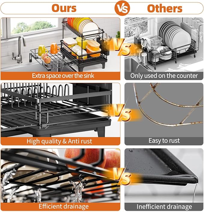 Urackify Dish Drying Rack - Large Dish Racks for Kitchen Counter, Extendable Sink Dish Drainer, Rustproof Dish Strainer with Utensil Holder, 2 Tier Black