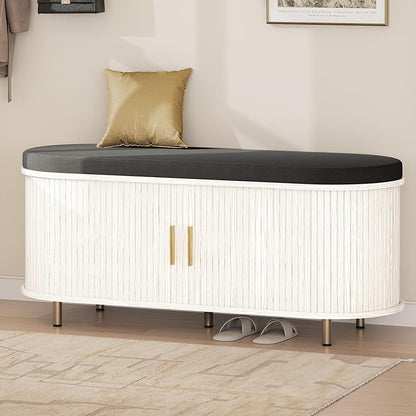 DHH 2-Tier Storage Bench, 43.3" Wide Shoe Bench with Thickened Padded Seat Cushion, Mid Century Modern Fluted Sliding Door and Adjustable Shelf, for Entryway, Living Room, Bedroom(White)