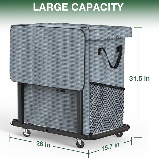 50 Gal(190L) Laundry Basket with Lid, Rolling Laundry Hamper with Wheels, Dirty Clothes Hamper with Metal Frame and Removable Bag Design, Suitable for Laundry Room, Bedroom(Grey, 2 Section 190L)