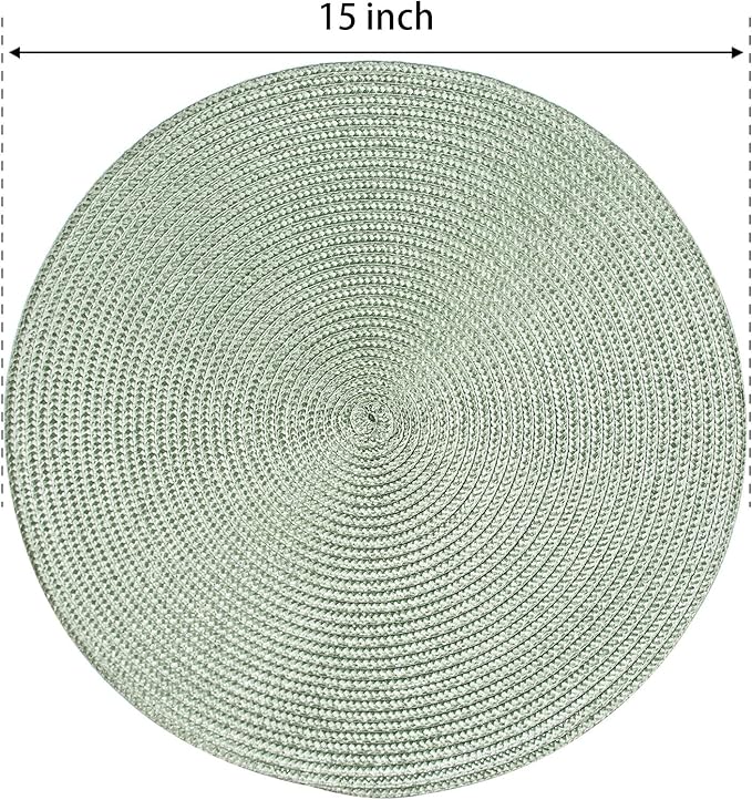 FunWheat Round Braided Placemats Set of 4 Table Mats for Dining Tables Woven Washable Non-Slip Place mats 15inch (Fog Green, 4pcs)