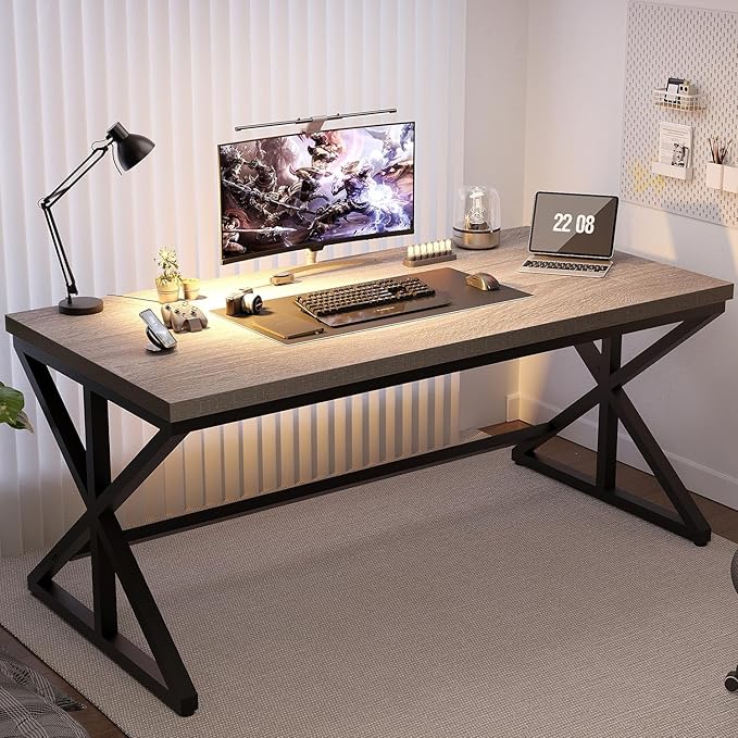 IBF 60” Grey Computer Office Desk, Modern Large Gray Office Desk for Home, Industrial Long Wood Metal Pc Work Writing Desks, Farmhouse Simple Study Executive Computer Table with Storage, Light Grey