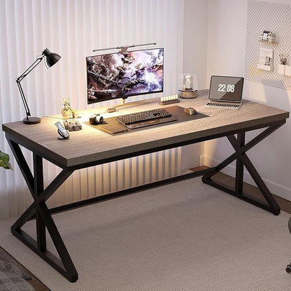 IBF 60” Grey Computer Office Desk, Modern Large Gray Office Desk for Home, Industrial Long Wood Metal Pc Work Writing Desks, Farmhouse Simple Study Executive Computer Table with Storage, Light Grey