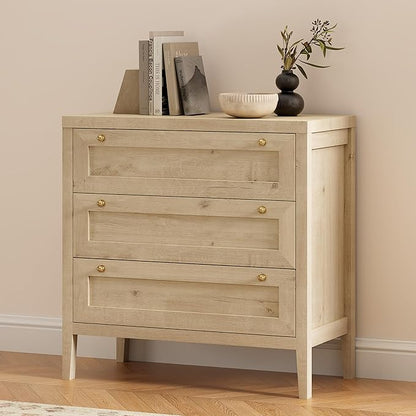 3 Drawers Dresser for Bedroom Set of 2, Farmhouse Closet Storage Organizer with Golden Handles, Wooden Nightstand End Table for Living Room, Bedroom, Entryway, Hallway, Light Oak
