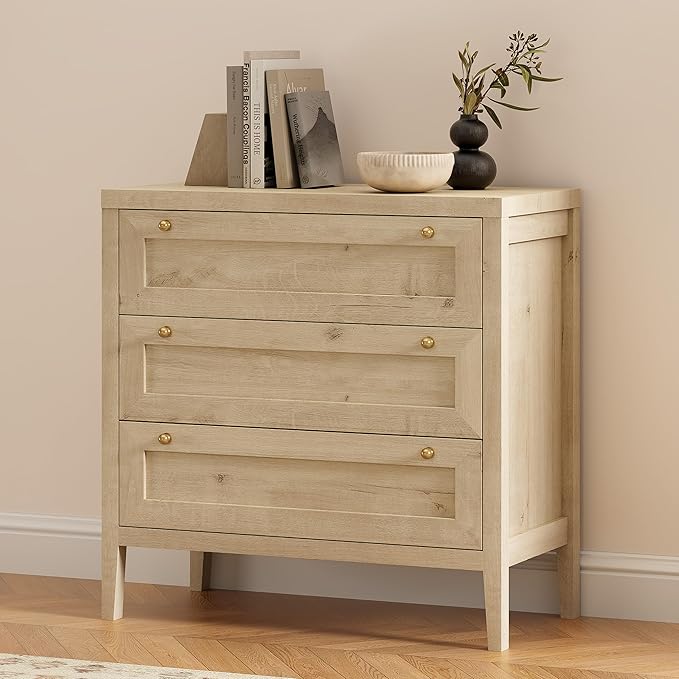 3 Drawers Dresser for Bedroom, Farmhouse Closet Storage Organizer with Golden Handles, Wooden Nightstand End Table for Living Room, Bedroom, Entryway, Hallway, Light Oak