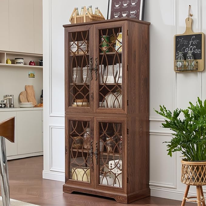 67" Tall Pantry Cabinet Set of 3, Vintage Kitchen Pantries Cabinets with Glass Doors & Adjustable Shelves, Wood Cupboard with Large Storage for Dingning Room, Bathroom, Brown