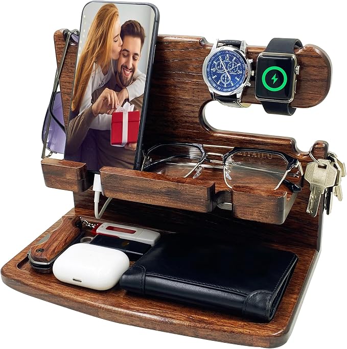 VEIYAILU Gifts for Men Boyfriend Dad Husband Him Wood Phone Docking Station Nightstand Organizer for Men (Walnut)