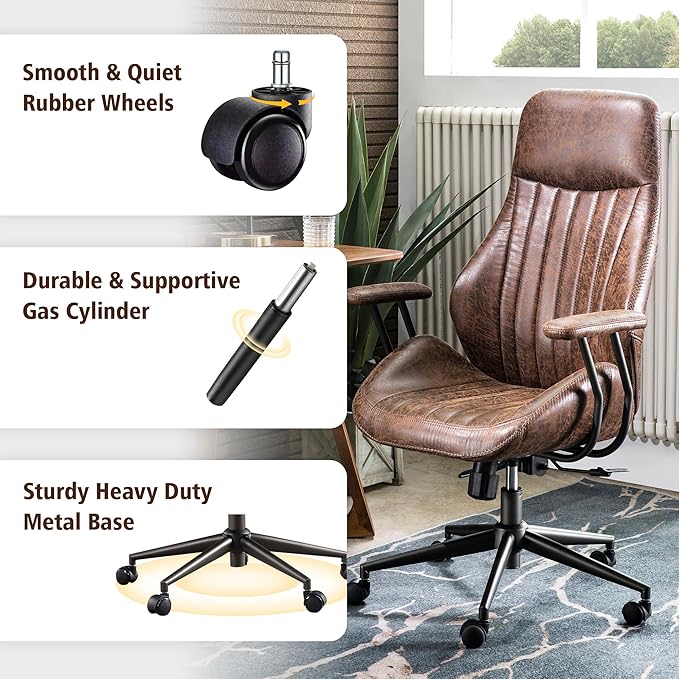 ovios Home Office Chair, Mid-Century Modern Faux Suede Leather Ergonomic Chairs, High Back Comfy Computer Swivel Rolling Task Executive Armchair, Dark Brown