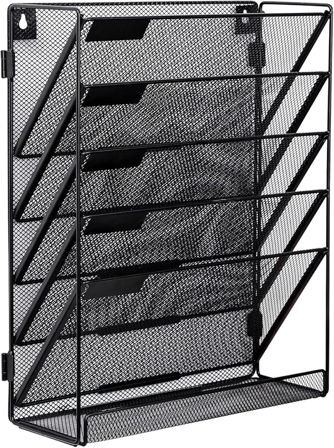 EasyPAG Mesh Wall File Organizer 5 Tier Letter-Sized Assemble Desk/Wall Mount File Holder Mail Organizer for Office Home and Classroom, 2 Pack Black