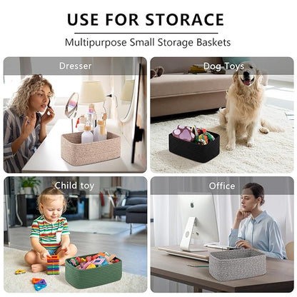 4 Pack Small Storage Shelf Baskets for Organizing, Mini Woven Rope Storage Bins for Towels, Cute Decorative Closet Organizer，Baby Nursery, Gift Empty Baskets -13''Lx8.66''Wx5.11''H-Brown