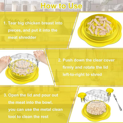 Chicken Shredder Tool Twist Large Chicken Breast Shredder with Brush&Fork, Visible Meat Shredder Machine, Strong Anti-Slip Strip, Ergonomic Handle, BPA Free, Suitable for Pork Beef Chicken(Yellow)