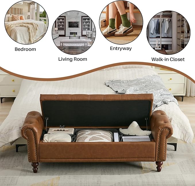 58.1" Storage Bench Upholstered PU Leather End of Bedroom Bed Bench Ottoman with Tufted Cushioned Rolled Arm Large Storage Space for Reading Living Room Entryway, Brown