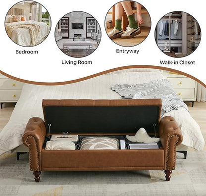 58.1" Storage Bench Upholstered PU Leather End of Bedroom Bed Bench Ottoman with Tufted Cushioned Rolled Arm Large Storage Space for Reading Living Room Entryway, Brown