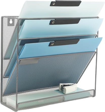 EASEPRES Desk File Organizer Mesh 4-Tier, Hanging Wall Mount Document Organization Stand, Desktop Vertical Mail Paper Folder Holder Rack with Bottom Tray for Office Home Cubicle Countertop, Gray