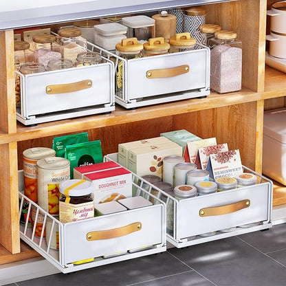 Pull out Cabinet Organizer,Heavy Duty Slide out Pantry Shelves Drawer Storage with Adhesive Nano Film,Sliding Mesh Cabinet Basket with Handle for Kitchen, Bathroom, Home, 9.8"W X 15.7"D X 6.2"H,White
