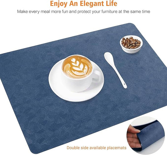 Vinyl Placemats Set of 6 Heat Resistant Easy Clean Non-Slip Place Mats for Dining Table Faux Leather Waterproof Stain Resistant Wipeable Washable PVC Table Mats(6, Blue)