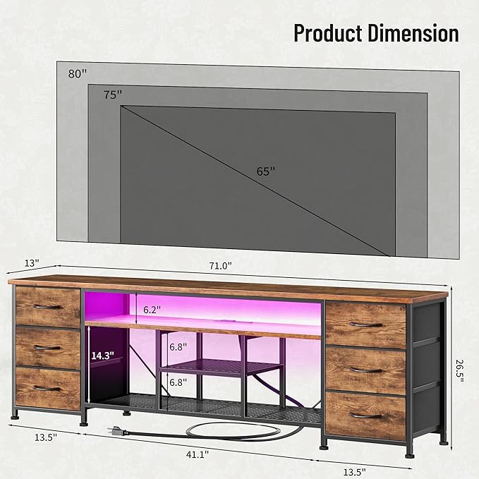 Furologee LED TV Stand for 65, 75, 80 Inch TV, 71 Inch Entertainment Center with Power Outlets, 6 Fabric Drawers Dresser for Bedroom, Media Console with Open Shelves, Rustic Brown