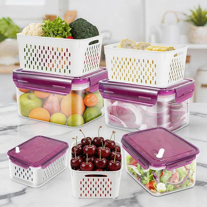 Fruit Storage Containers with Vent Holes and Colander - 4 Pack, BPA-Free Clear Plastic Food Storage Boxes with Airtight Lids for Refrigerator Fridge Vegetable Produce Organizer - Purple