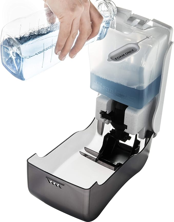 San Jamar Manual Soap Dispenser – 1300 mL Capacity Liquid Dispenser for Bulk Foaming Soaps, Wall Mount, Refillable with Transparent Reservoir Easy Push Bar for Commercial or Office Use, Black Pearl