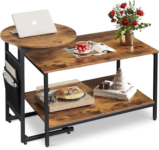 WLIVE Coffee Table, Small Coffee Tables for Living Room, Modern Center Table and Side Table Set with Storage Side Pouch for Bedroom, Apartment, Rustic Brown