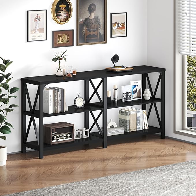 IBF Black Console Table, Modern Industrial Sofa Table with 3 Tier Storage Shelves, Farmhouse Wooden Metal Entryway Table for Living Room, Hallway, or Foyer, Black Oak, 63 Inch