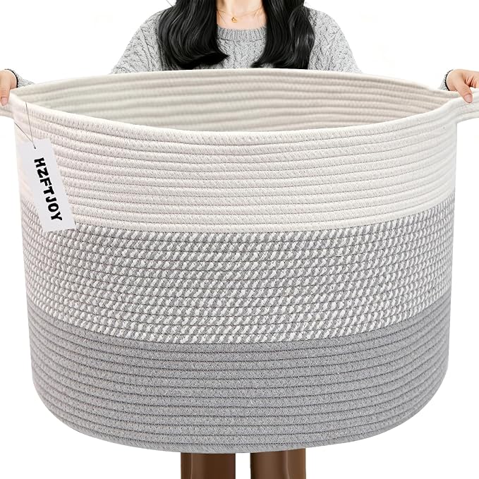 65L Large Blanket Basket,Woven Rope Laundry Basket Hamper with Handles,Decorative Nursery Basket Storage Bin for Toys, Pillows, Clothes Organizer, Living Room, Bedroom, Bathroom, Grey