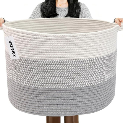 90L Extra Large Blanket Basket,Woven Rope Laundry Basket Hamper with Handles, Decorative Nursery Basket Storage Bin for Toys, Clothes Organizer, Living Room, Bedroom, Bathroom, Grey