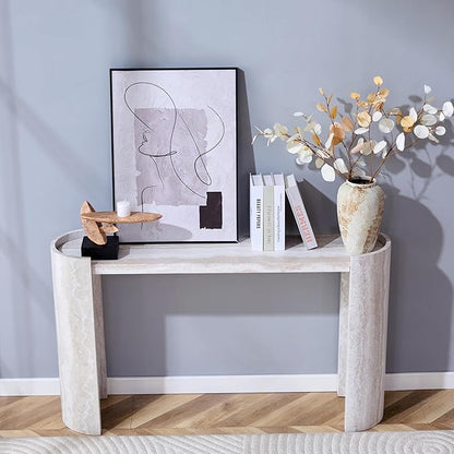 53" Console Table for Entryway, Narrow Sofa Entrance Table with Faux Mars Marble Pattern, Modern Sofa Tables with Round Raised Edge Design for Living Room, Hallway, Foyer, Home Office, Beige