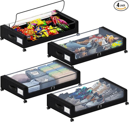 Tututry Under Bed Storage with Wheels, XXL 60L Under the Bed Storage Bins, Underbed Storage Containers with Lids & Label, Rolling Metal Drawer for Shoes, Clothes, Books, Toys (4-Pack Black)