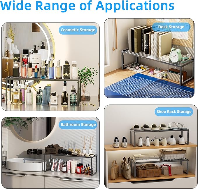 Shelf Organizer Stackable 2 Pack: Expandable (15.8"-25.5") Spice Rack Height Adjustable(6.2"/7.3"/8.5") Kitchen Organizer Countertop Metal Shelves for Pantry Storage Black