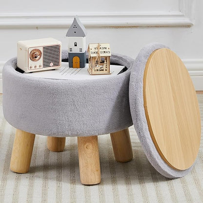 Small Foot Stool Ottoman with Storage, Soft Faux Fur Ottoman Foot Rest for Couch, Round Footstool with Storage, Small Ottomans and Footstools for Living Room and Entryway (Gray)