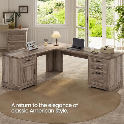 Itaar Farmhouse L Shaped Desk, Executive Computer Desk with Drawers and Storage Cabinet, Home Office Desk with File Drawer and Power Outlet, Corner Desk, Workstation for Office Home, Grey