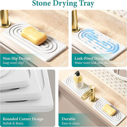 Water Absorbing Stone Tray, Quick Drying Diatomite Bathroom Tray Countertop, Stone Drying Mat for Kitchen Counter, Soap Dish Dispenser Vanity Organizer, White-B-8.3" x 4"