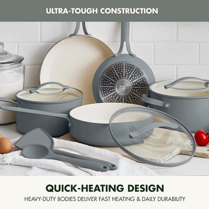 GreenPan Nova 10-Piece Nonstick Cookware Set, PFAS-Free Ceramic Pots & Pans with Silicone Cooking Utensils, Durable Fast Heating, Induction Ready, Oven Safe to 600°F, Dishwasher Safe, Slate Gray
